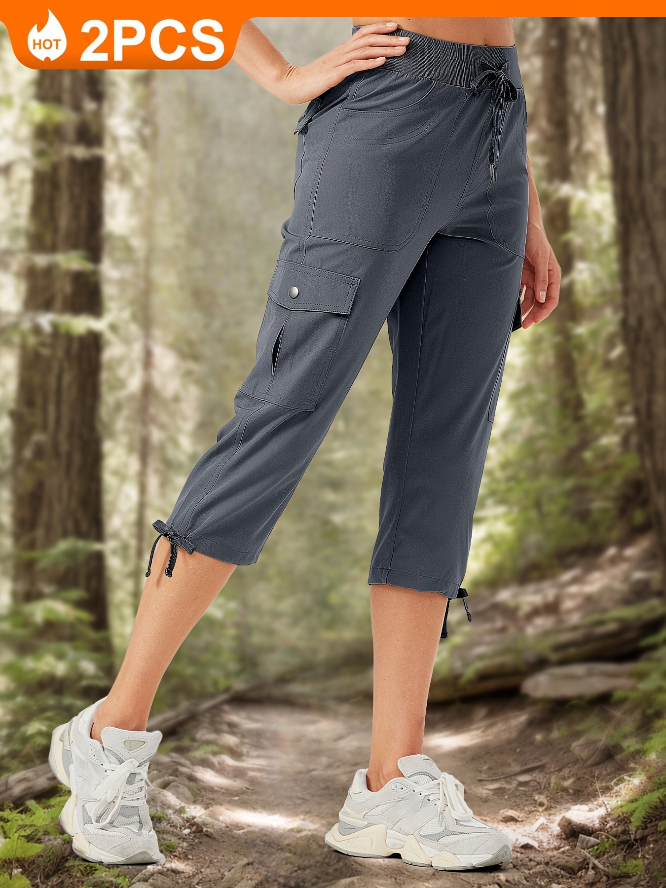 2pcs Women'S Cargo Capris Hiking Pants 50+ Quick Dry Outdoor Athletic Travel Lightweight Casual Loose Comfy Cute Pockets