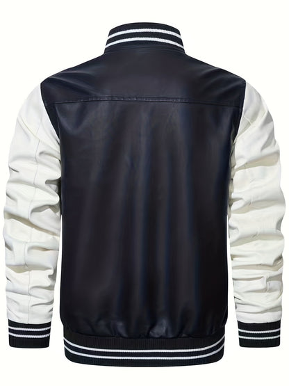 Plus Size Men'S Letter "R" Print PU Jacket for Spring/Autumn, Oversized Punk Raglan Baseball Jacket for Big & Tall Males, Men'S Clothing