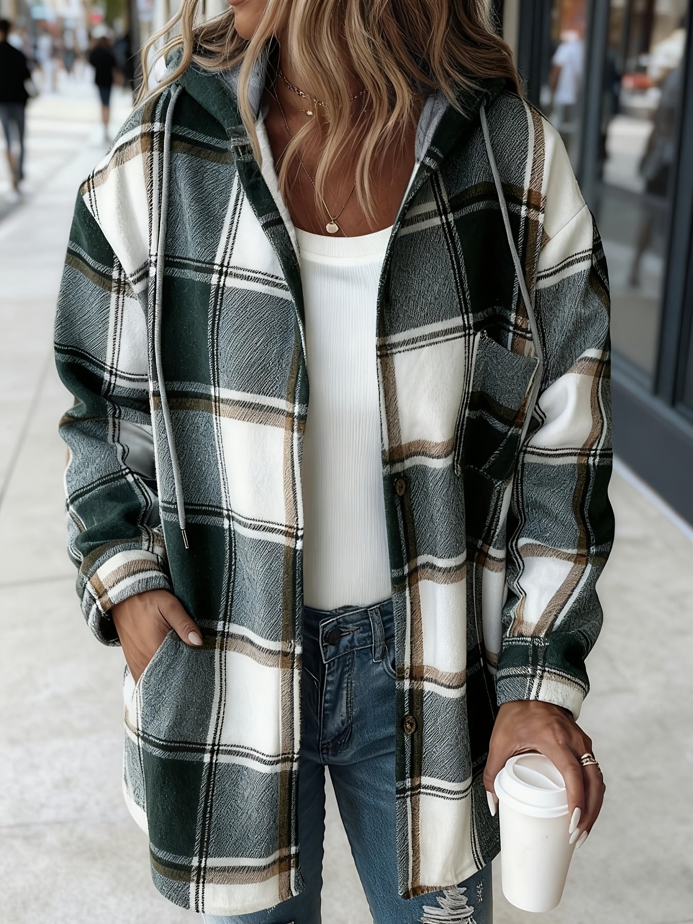 Women's Black and White Checkered Hooded Shirt Jacket, a Popular Warm Outfit for Autumn and Winter. Perfect for Casual and Layered Looks, Autumn/winter Women's Clothing | Women's Apparel, Local Warehouse Discount