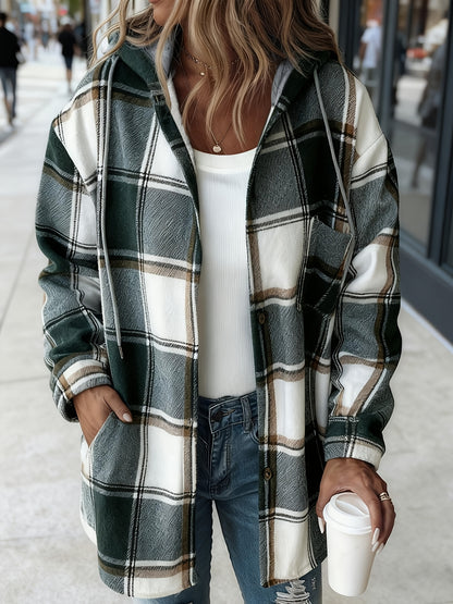 Women's Black and White Checkered Hooded Shirt Jacket, a Popular Warm Outfit for Autumn and Winter. Perfect for Casual and Layered Looks, Autumn/winter Women's Clothing | Women's Apparel, Local Warehouse Discount
