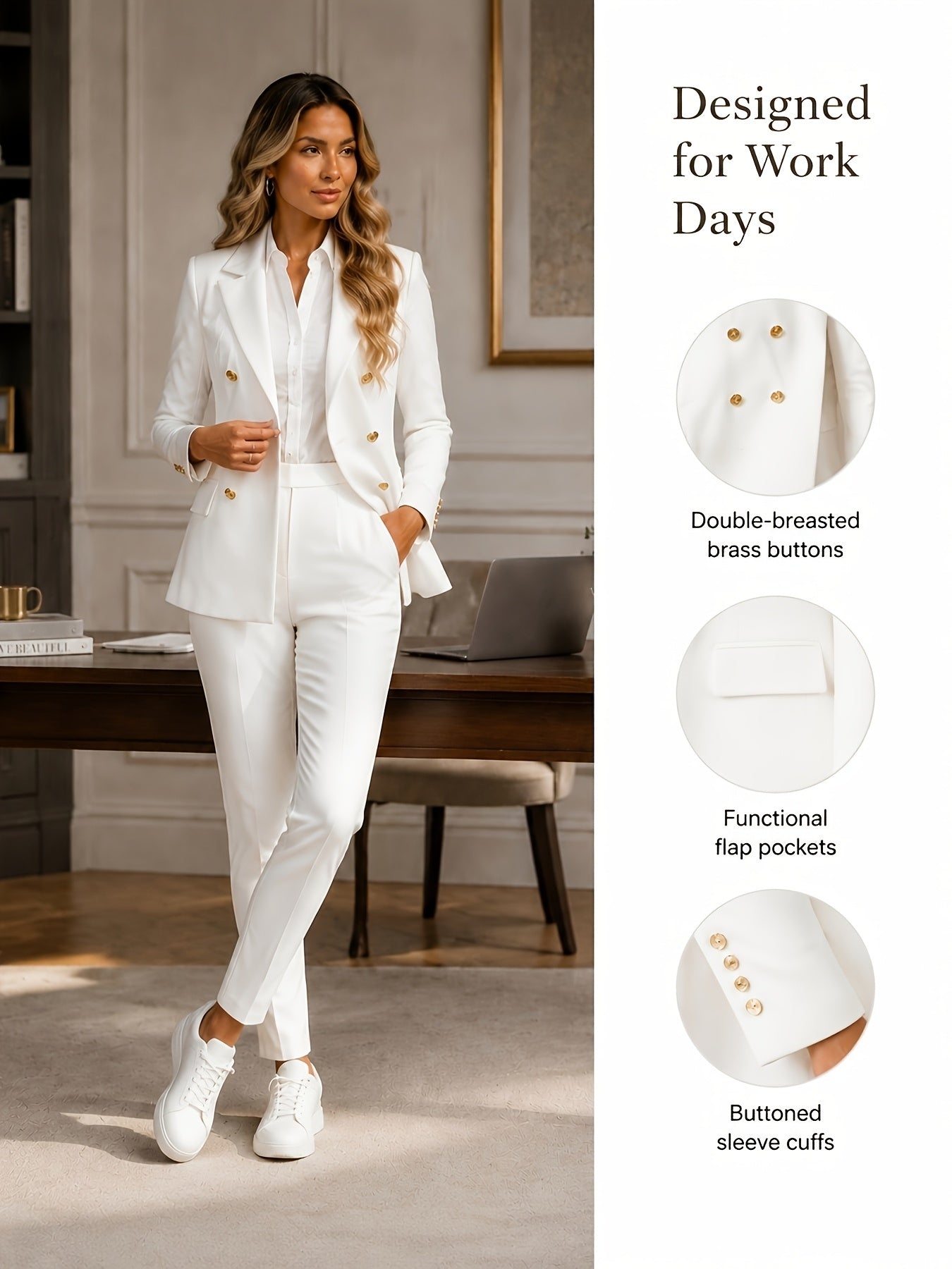 2pcs Business Chic Outfit - Double-Breasted Lapel Blazer & Slim Fit Pants Set - Women's Professional Clothing for Work, Office, Or Formal Occasions