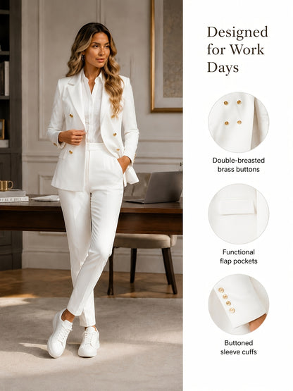 2pcs Business Chic Outfit - Double-Breasted Lapel Blazer & Slim Fit Pants Set - Women's Professional Clothing for Work, Office, Or Formal Occasions