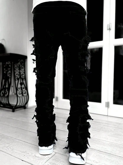 (Available In Five Colors) Teenager Ripped Jeans, Retro Street Style, High Street Patch Fabric, Popular Ripped Jeans, Fashionable Splicing, Slim Fit Jeans, Versatile Straight Jeans 1pc, Perfect for Outdoor, for Teenager