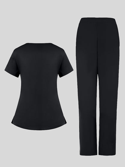 2pcs Women's Breathable V-Neck Work Uniform - Machine Washable Pocket Detail Matching Top & Pants, Casual Work Clothes Suitable for Work Uniforms, Healthcare, Education, Retail - Comfortable Professional Attire