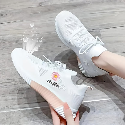 2026 New Spring/Summer Women's Sneakers - 2026 Spring Women's Shoes, Breathable and Lightweight Sneakers for Women - Stylish White and Pink Casual Running Shoes with Floral Embroidery - Durable Outdoor Hiking Shoes with Soft Fabric Lining