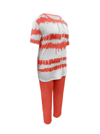 Plus Size, Ladies Plus Size Daily Fashion And Leisure Suit, Horizontal Wavy Striped Printed T-shirt with Short Sleeves And Pocket Trousers, Ladies Elegant Suit.