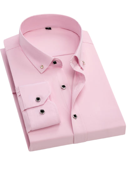 Father'S Day Gift Choice, Men'S Long Sleeve Button Shirt, Crystal Button Design, Solid Color Plain Formal Business Attire, Great As Gift for Party, Wedding, Date Dress Shirt