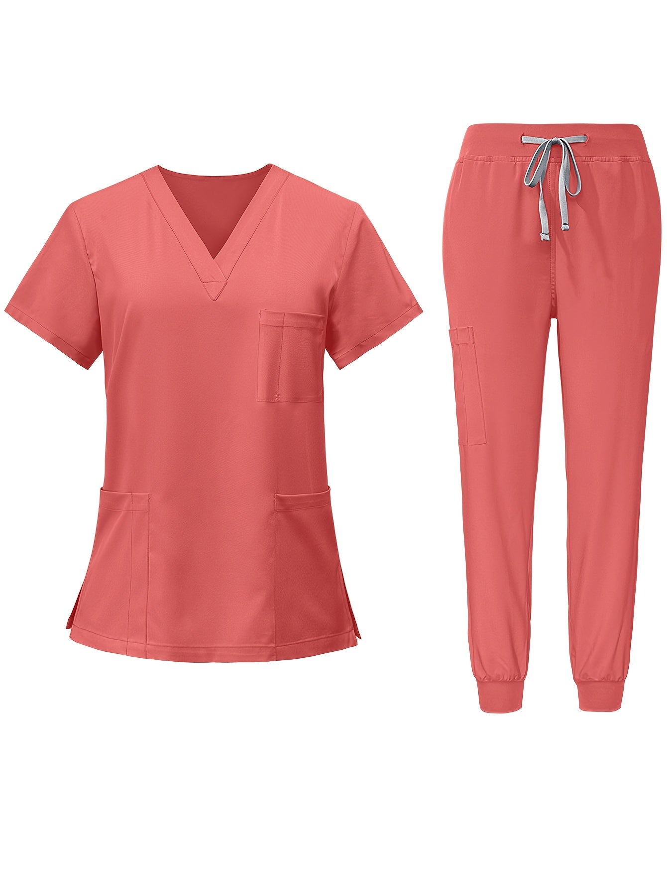 [2pcs Scrub Suit Set] Ships From The United States] 2pcs Set Scrub Suit Set for Women Modern V-neck Top T-shirt & Tapered Leg Jogger Pants with Drawstring Nursing Uniforms Set Suitable for Pet Hospitals, Dental Clinics, Nursing Work, Etc