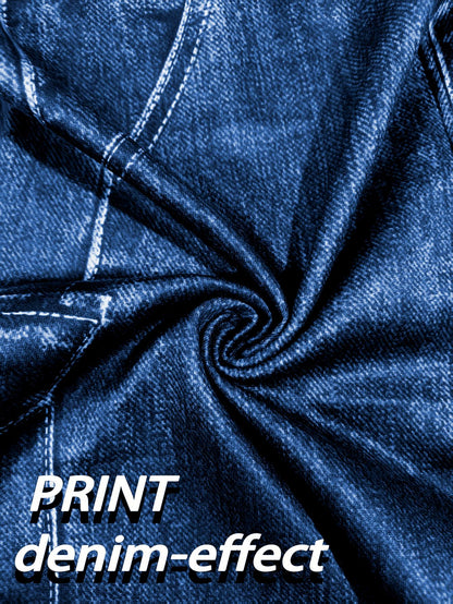 【imitation denim】Printed Pants- Non Denim Fabric 2026 Spring/Summer Hot Trend Non-Denim Base Tight Shorts with Full Elasticity, Retro Print, Suitable for Commuting and, Machine Washable