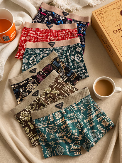 Fashion Ultra Soft Ice Silky Series- 6pcs Men's Graffiti Mid-Waist Stretch Boxer Briefs- Comfortable Breathable Quick-Dry Printed Underwear Set