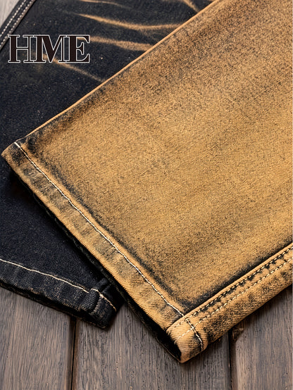 HME Men's Color Block Denim Pants, Gradient Multi-Pocket Jeans, Trendy Two-Tone Washed Street Style Versatile Jeans, Mid-Rise Stretch Slim Fit Classic Five-Pocket Design, All-Season Wear, Elastic Fabric Suitable for Machine Wash, Built-in YKK Zipper