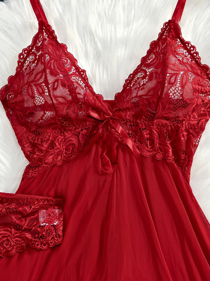 2pcs V-Neck Sexy Hot Contrast Lace Mesh Chemise Babydoll Naughty Lingerie Dress Set Nightwear Nightgown, All-Season Polyester Slip Dress Skimpy Clothes, Soft and Comfortable Sleepwear Intimate Apparel for Women, Christmas Gifts New Year Anniversay Dating