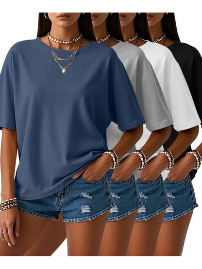 Set of 4 Women'S Casual T-Shirts, Solid Hue Crew Neck Short Sleeve Summer Tops, Soft And Cozy Basic Tees for Everyday Wear - Navy, White, Black, Red, Light Blue