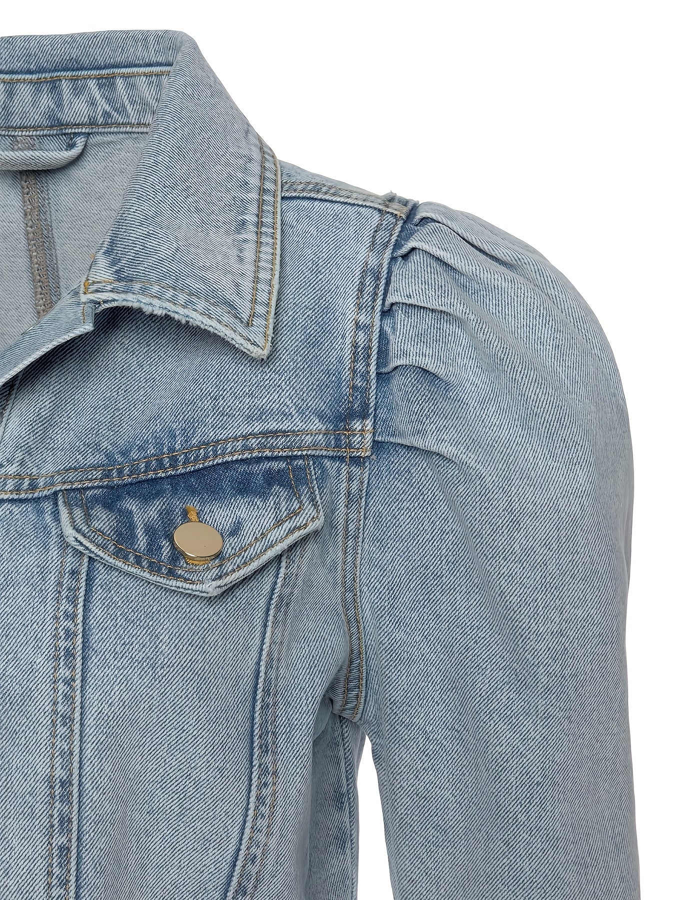 Women's Elegant French Romantic Denim Jacket with Puff Sleeves - Light Blue Button-Front Coat, Regular Fit Long Sleeve for Autumn/Winter, Valentine's Day & Special Occasions, Denim Jacket Women, Denim Jacket for Women, Stylish Denim Jacket Women