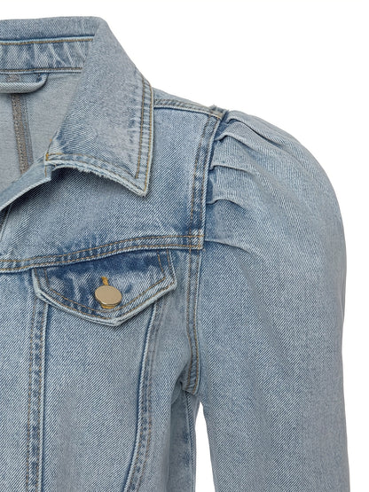 Women's Elegant French Romantic Denim Jacket with Puff Sleeves - Light Blue Button-Front Coat, Regular Fit Long Sleeve for Autumn/Winter, Valentine's Day & Special Occasions, Denim Jacket Women, Denim Jacket for Women, Stylish Denim Jacket Women