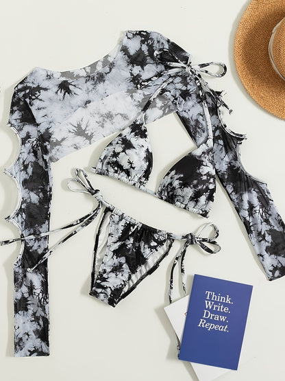 Tie-dye Pattern Long-sleeve Cutout Cover-up Three-piece Strap-decorated Women'S Bikini Set | Eye-catching Style, Halter Neck, Slight Stretch Fabric, Lace-up Details, Suitable for Beach Vacation, Summer Coastal Exquisite Item