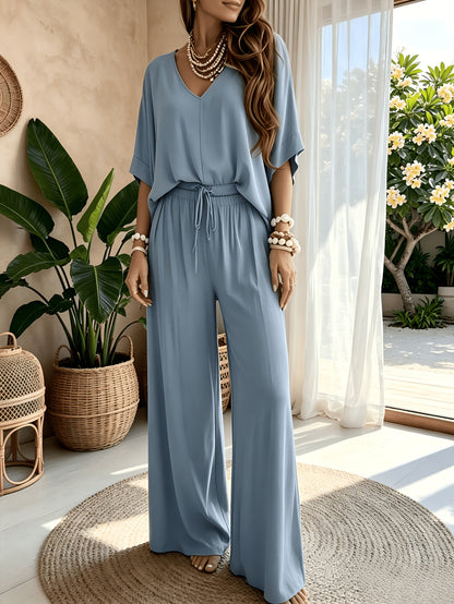 Women'S 2pcs V-Neck Wide Leg Pants Set - Boho Short Sleeve Loose Top & Drawstring Waist Outfit, Summer Beach Loungewear For Vacation, Perfect For Holiday And Daily Wear