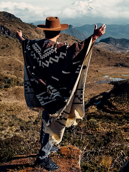 Men's Western Bandit Cape Coat with Tribal Print, Warm V-Neck Poncho with Tassel Trim for Outdoor Adventures, Fall and Winter Casual Wear (Brown/ White)