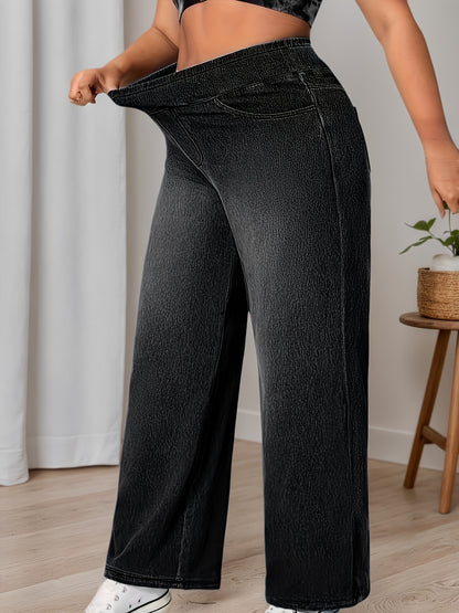 Women's Plus Size High-Waisted Wide-Leg Denim Pants - Stretch Elastic Waistband Beltless -Line Trousers, Wash-Finished Solid Blue Jeans Suitable for All-Season Casual Wear, Office, Everyday Outfits (Machine Washable)