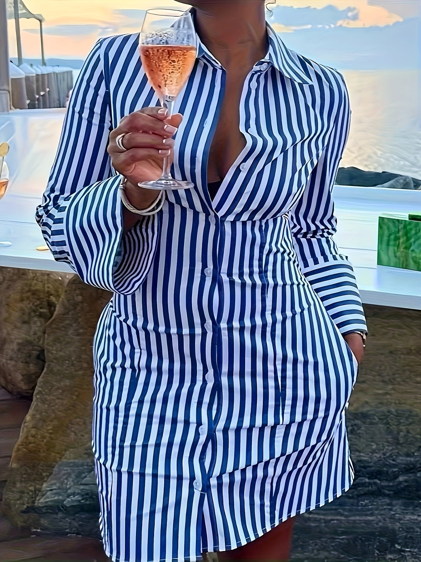 CharmGlow Comfortable Chic Striped Shirt Dress with Side Pockets
