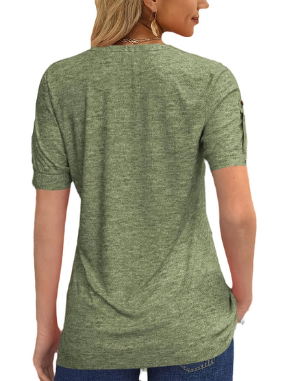 Casual Short-Sleeve T-Shirt for Women, Featuring a Pleated Design And V-Neck in Solid Colors, Perfect for Summer