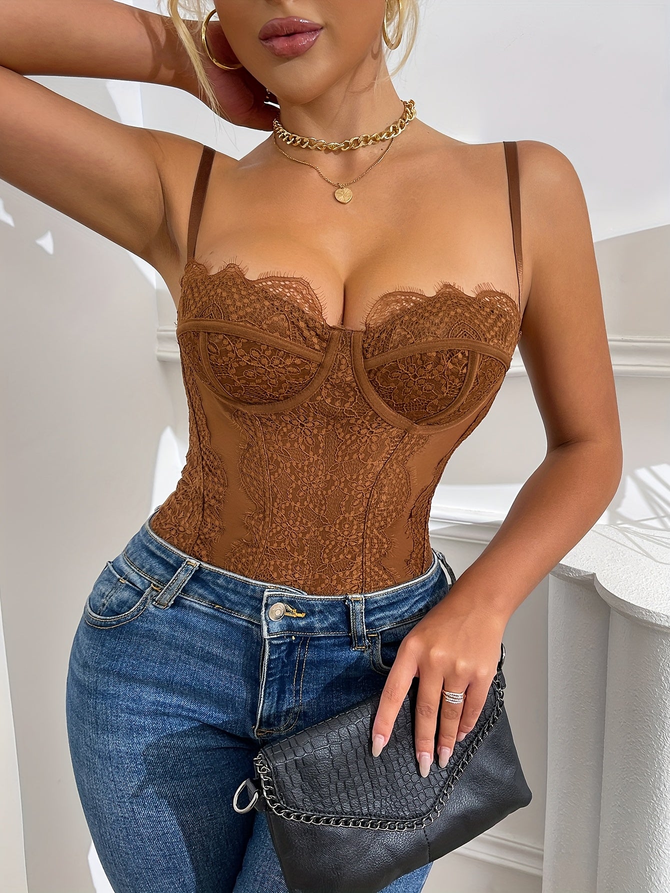 Women'S Black Lace Bodysuit - V-Neck Translucent Stretch Long Sleeveless Top, Slim Silhouette, Middle Eastern Style Elegance For All-Season Wear, Special Occasion Wear, Delicate Details, Formal Wear, Delicate Stitching, Fitted Corset, Elegant Lady