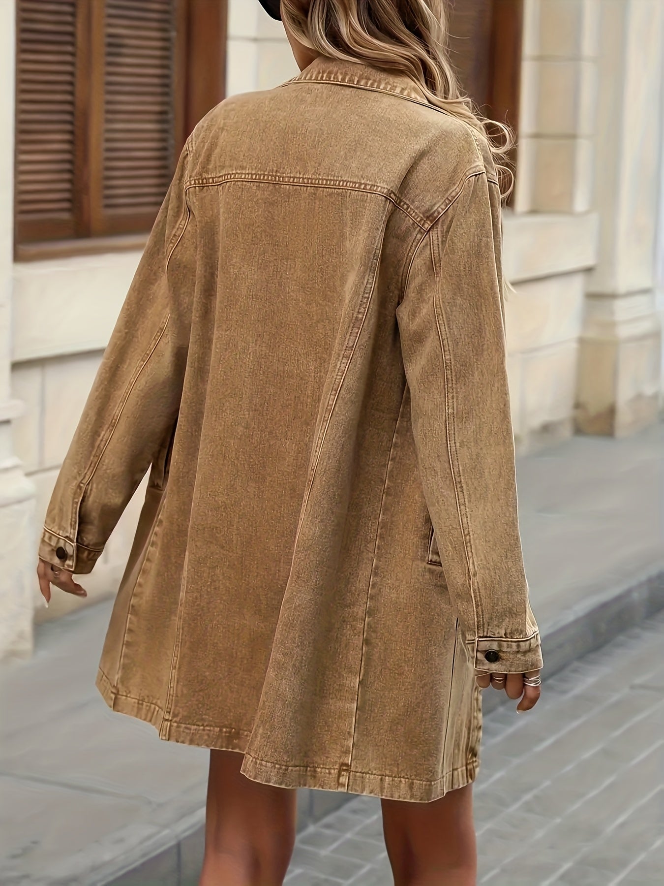 Women's Vintage Washed Denim Jacket, Khaki Mid-Length Long-Sleeve Lapel Jacket Top, Suitable for Spring, Autumn And Winter Seasons