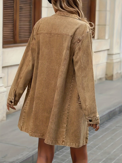 Women's Vintage Washed Denim Jacket, Khaki Mid-Length Long-Sleeve Lapel Jacket Top, Suitable for Spring, Autumn And Winter Seasons