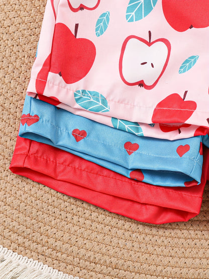 Set of 3 Girls' Casual Jumpsuits Featuring a Pink Fruit Print, a Blue Love Pattern, And a Solid Color for Spring And Summer, for Outdoor