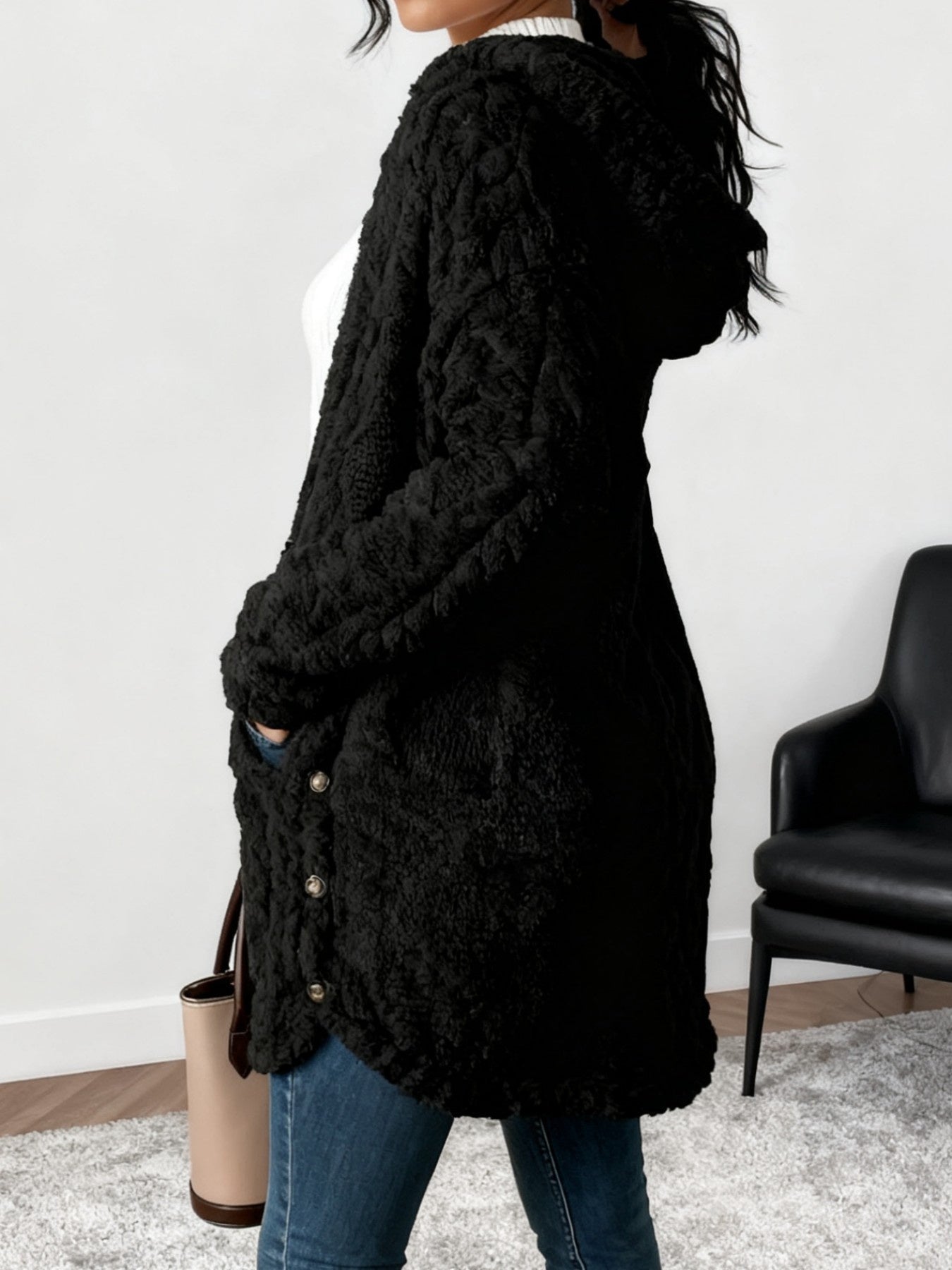 Oversized Chunky Cable Cardigan for Women in Soft Pink, Featuring an Open Front And Long Sleeves. This Winter Coat Is Perfect for Casual And Semi-Formal Fall And Winter Outfits, Designed Without Buttons