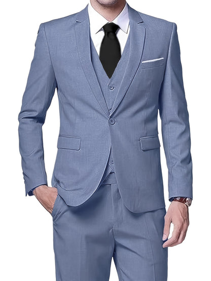 Men's Solid Color Complete 3pcs Suit Set Slim Fit Modern Tailored for Weddings Business Graduation Father's Day Gifting Express Delivery