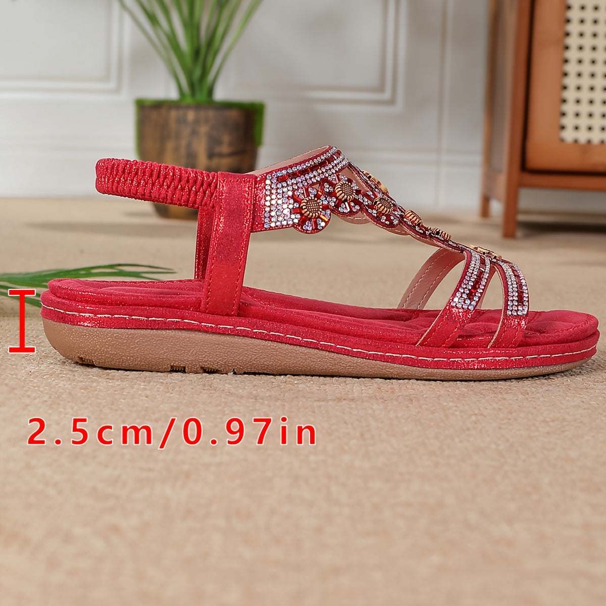 Women's Bohemian Rhinestone Jane Sandals - Slip- Open-Toe Flat with Elastic Strap, Low Heel & TPR Sole Suitable for Beach, Casual, - - Wearable (Low-Heel), Women Shoes