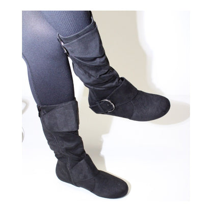 Women's Closed Round Toe Buckle Slouch Flat Heel Mid-Calf Boot