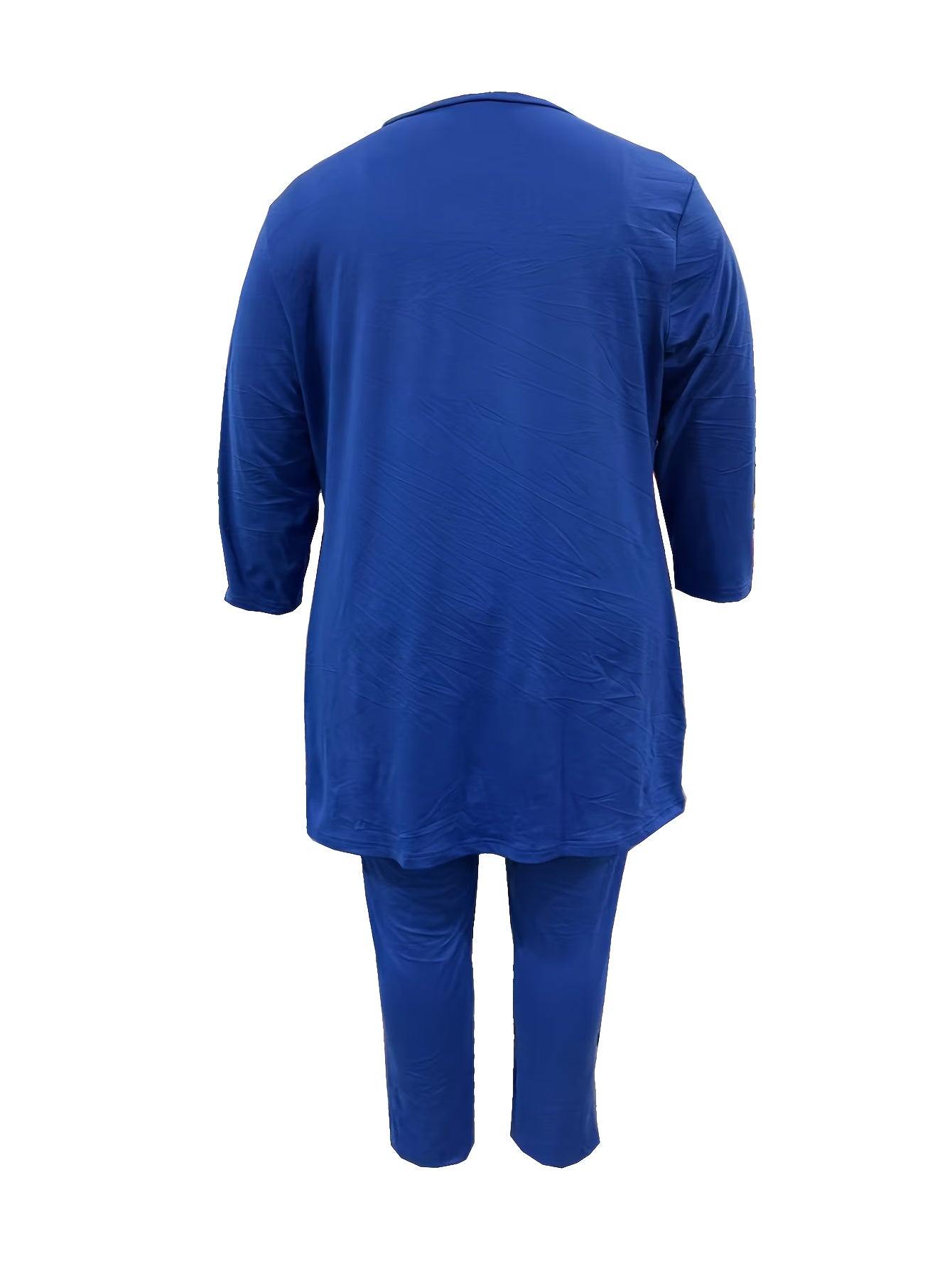 Plus Size - Plus Size Two-piece Set, Solid Color Round Neck 7-inch Sleeve Top And Pants Set, Women'S Two-piece Set