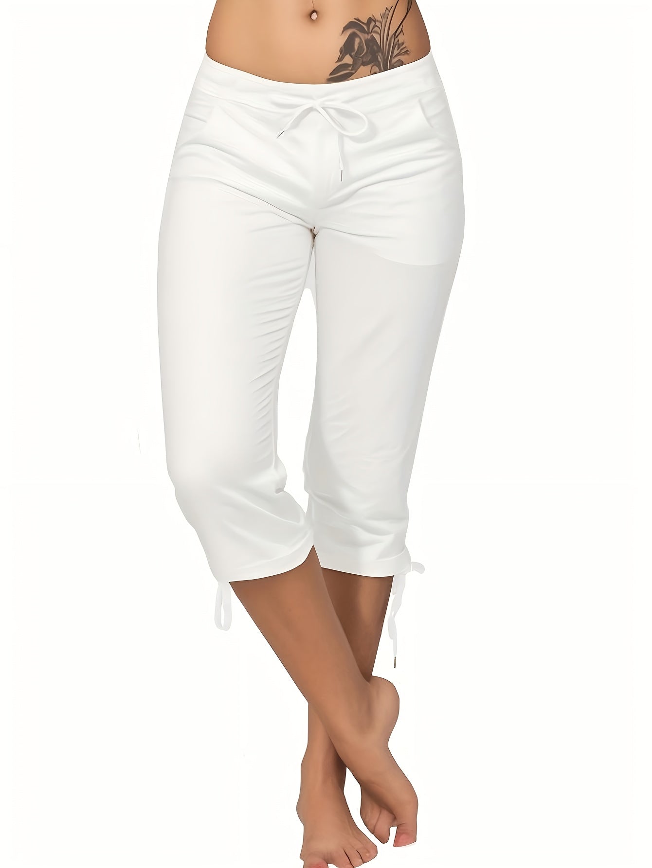 (Pack Of 4) Women'S Lightweight Cropped Trousers With Drawstring Waist - Casual Trousers, Comfortable And Stylish Everyday Trousers For Spring And Summer | Loose Fit Trousers | Casual Style Trousers