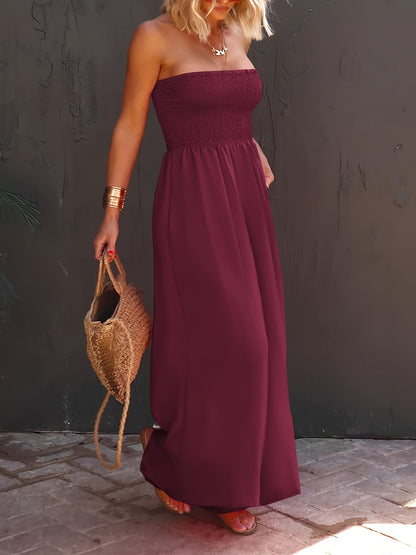 Womens Sleeveless Strapless Wide Leg Jumpsuits Summer Casual Loose Smocked Chiffon Jumpsuit Rompers with Pockets