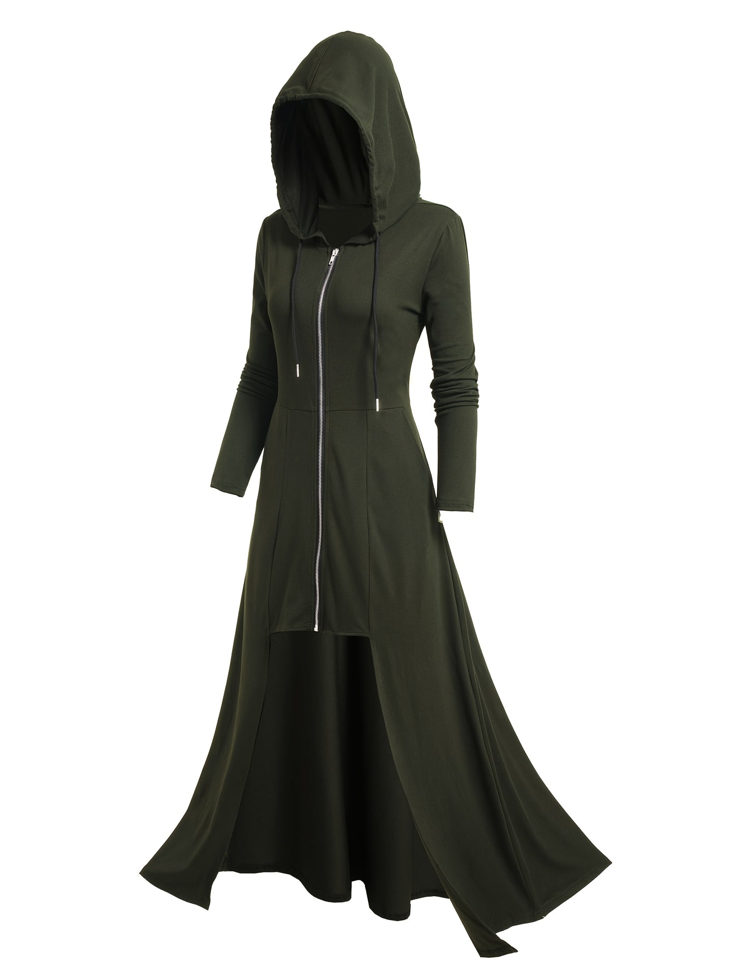 Gothic Style Zip Up Jacket, Casual Long Sleeve Hooded Extra-long Swallowtail Jacket for Holiday & Cosplay, Women's Clothing