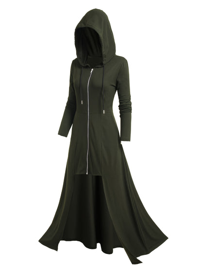 Gothic Style Zip Up Jacket, Casual Long Sleeve Hooded Extra-long Swallowtail Jacket for Holiday & Cosplay, Women's Clothing
