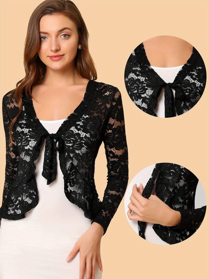 Women's Sheer Crop Bolero Cardigan - Semi-Sheer Lace Shrug with Ruffled Hem & Tie-Front Closure, Blouse for Sleeveless Dresses/Tank Tops (Machine Washable, Spring/Summer Wedding/Office/Cardigan) - 90% Nylon/10% Spandex