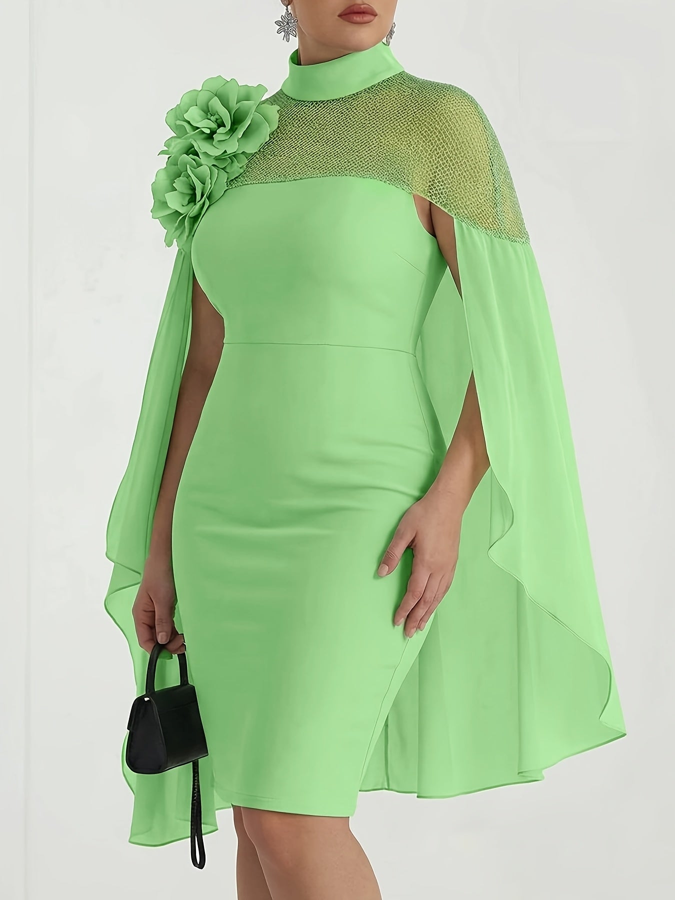 Plus Size - Plus Size Women'S Spring & Summer High-Neck Shawl-Style Flower Decor Waist-Cinched Dress | Elegant Temperament Design, Ideal for Formal Occasions like Dinner Parties & Wedding Attendants