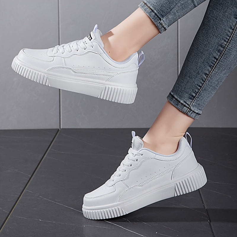 Women'S White Casual Sports Shoes - Lace-Up Low-Top Flat Tennis Shoes, Breathable Upper, Shock-Absorbing And Wear-Resistant MD Sole, Suitable for All-Season Sports, Running, Traveling And Daily Wear, Skate Shoes, Fashionable Women'S White Sneakers