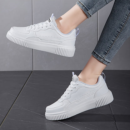 Women'S White Casual Sports Shoes - Lace-Up Low-Top Flat Tennis Shoes, Breathable Upper, Shock-Absorbing And Wear-Resistant MD Sole, Suitable for All-Season Sports, Running, Traveling And Daily Wear, Skate Shoes, Fashionable Women'S White Sneakers