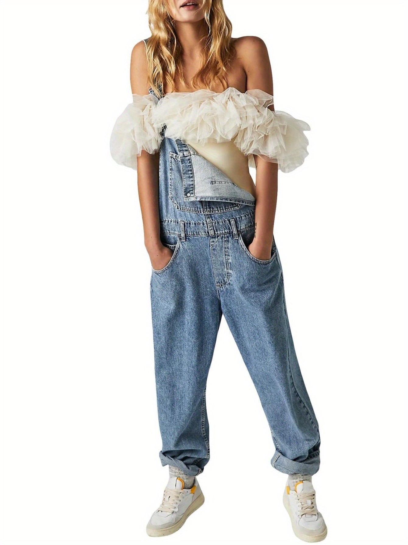 [Denim Bib Overalls] 1pc Women's Denim Bib Overalls Jumpsuit - Loose Fit, Straight Wide Leg Baggy Jean Style with Pockets, Machine Washable Casual Spring Summer Fall Outfit, Sizes S-XXL