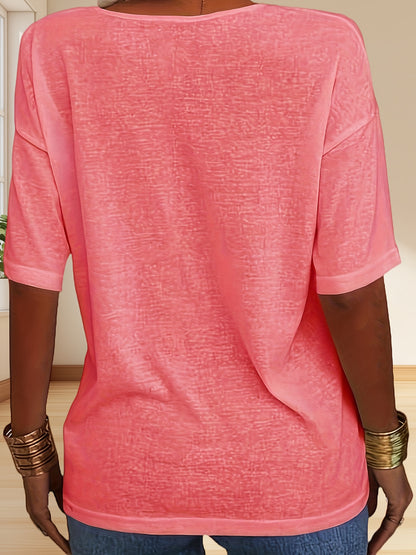 Women Fashion V-neck Half Sleeve T-shirt, Solid Color Casual Loose Basic Top