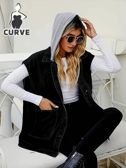 Large Loose Casual Denim Jacket with Hooded Vest, Detachable Hat