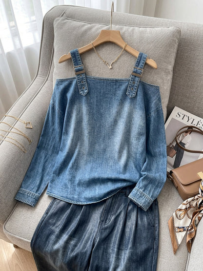 Women's Dress T-shirt with Elegant Style and Versatile Fit, Single-strap Collar, Shoulder Straps, Long-sleeved Top. Fashionable and Elegant for Women, Trendy.