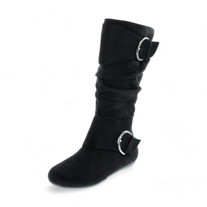 Women's Closed Round Toe Buckle Slouch Flat Heel Mid-Calf Boot