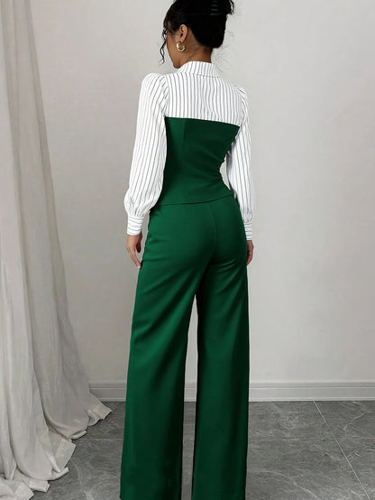 2pcss Women'S Thin Striped Patchwork Elegant Casual 2pcs Set, Long Sleeve Top And Pants