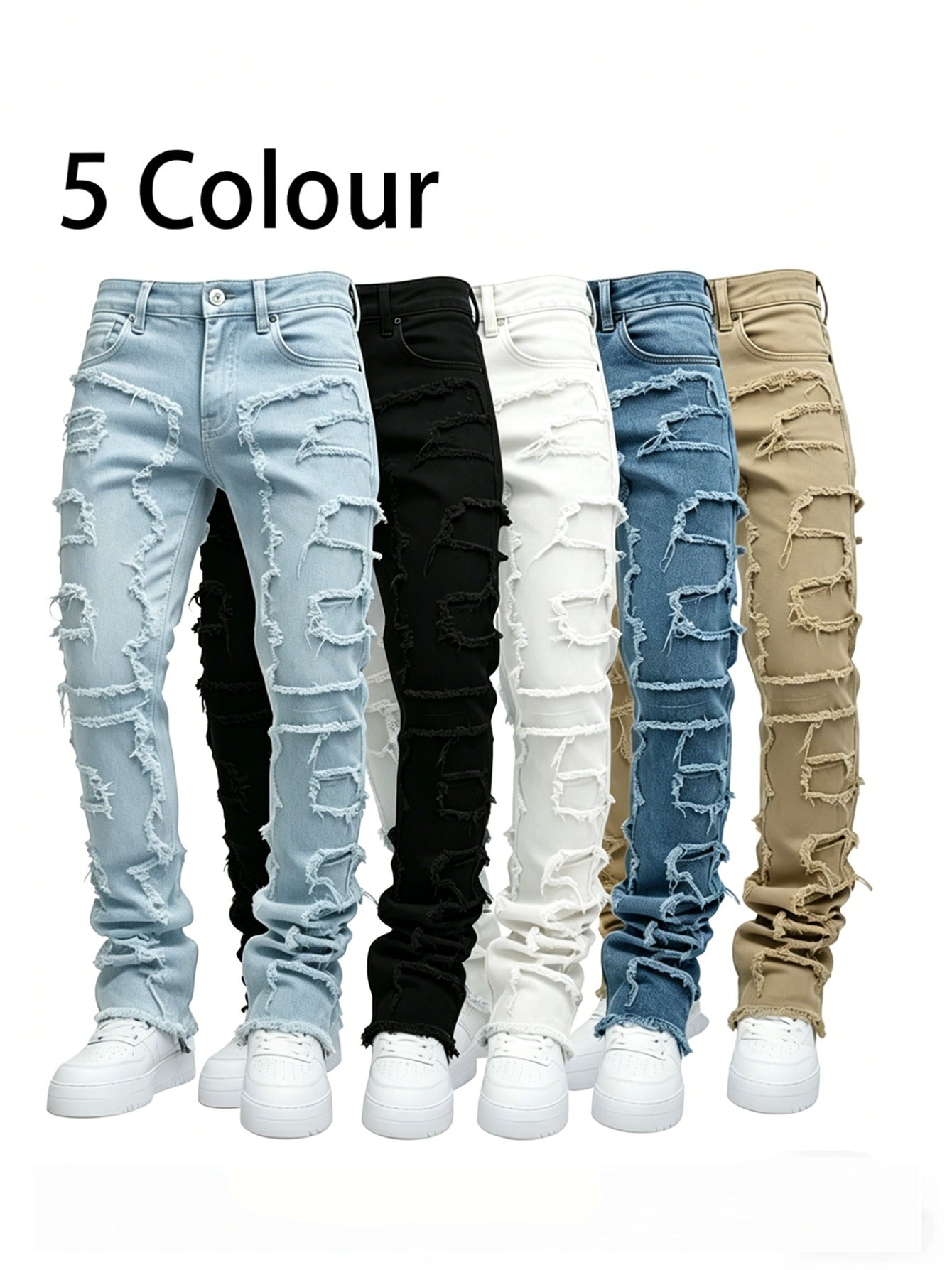 (Available In Five Colors) Teenager Ripped Jeans, Retro Street Style, High Street Patch Fabric, Popular Ripped Jeans, Fashionable Splicing, Slim Fit Jeans, Versatile Straight Jeans 1pc, Perfect for Outdoor, for Teenager