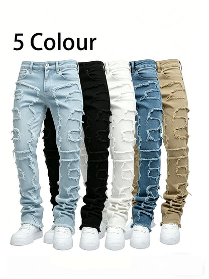 (Available In Five Colors) Teenager Ripped Jeans, Retro Street Style, High Street Patch Fabric, Popular Ripped Jeans, Fashionable Splicing, Slim Fit Jeans, Versatile Straight Jeans 1pc, Perfect for Outdoor, for Teenager